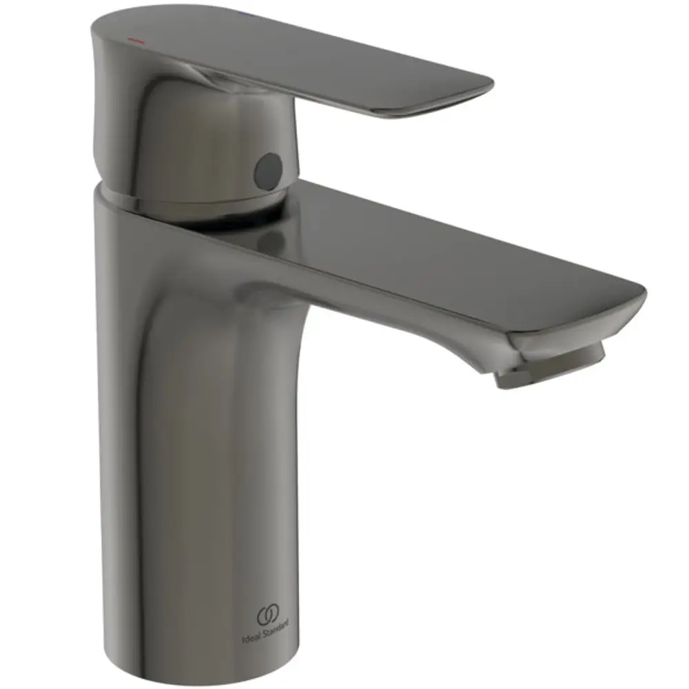 Ein moderner Wasserhahn in Metallic-Grau von Ideal Standard, mit einer flachen Auslauf- und Hebelgestaltung, für zentrale Wasserentnahme.
